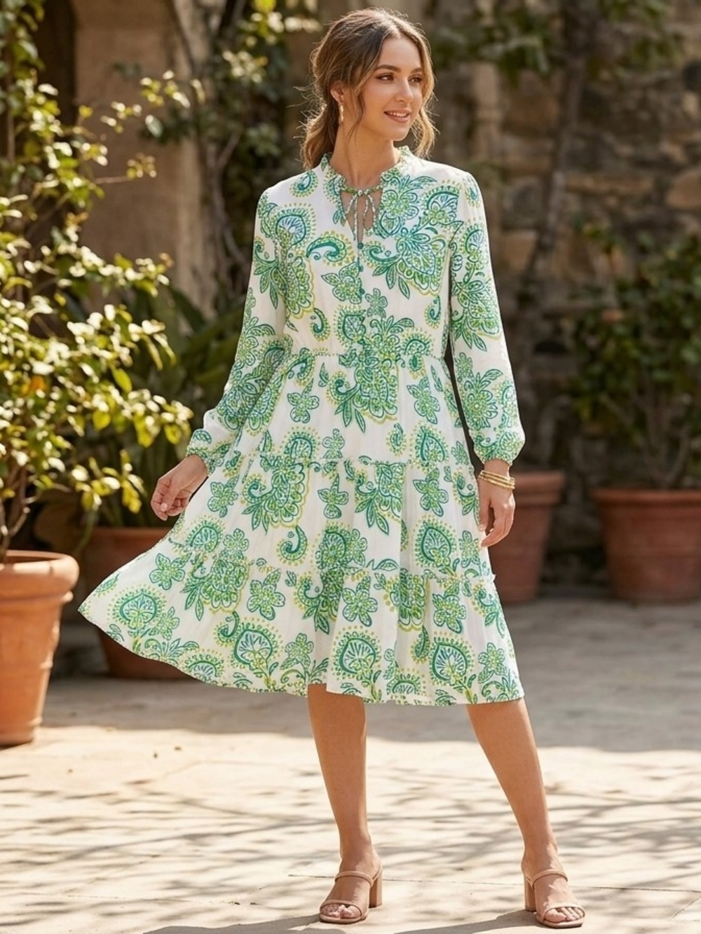 NWT BTFBM Kelly Green Floral Paisley Tiered Midi Dress Tie Neck Sz L Boho Modest